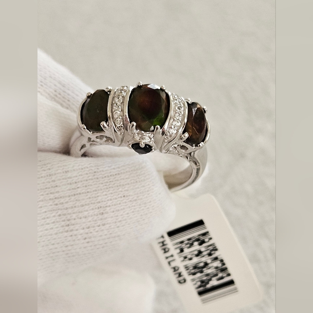 Watermelon Tourmaline 3 Stone Ring W/ Chip Diamond Accent Set In 925 Sterling